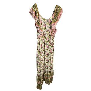 NWT Gipsy Queen Medium Floral Bohemian Maxi Dress Ruffled Sleeves Tiered Hem